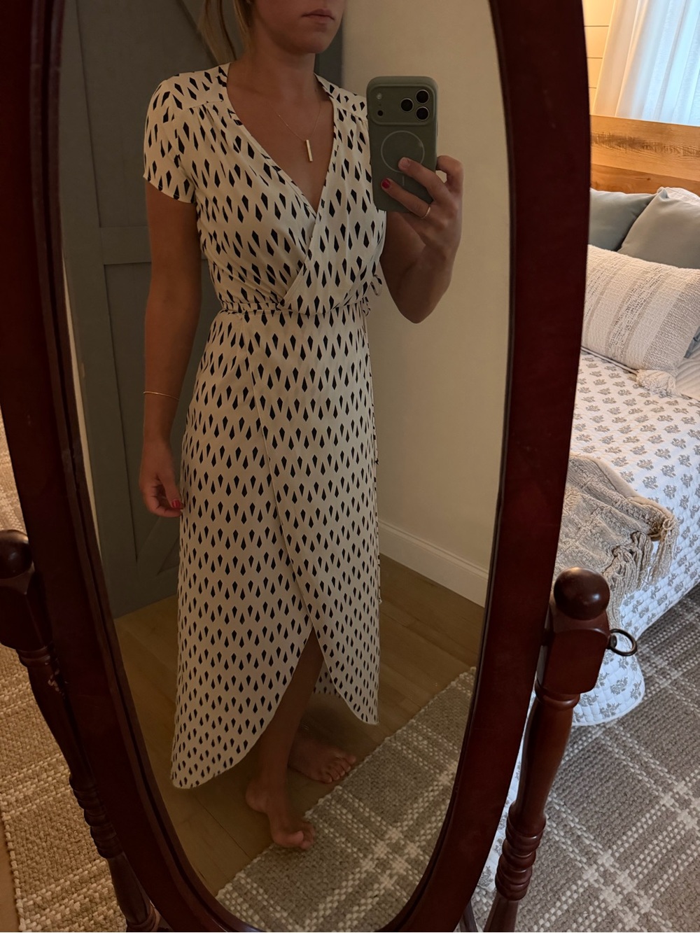 Lulu's Ivory Wrap Midi Dress with Black Diamond Print